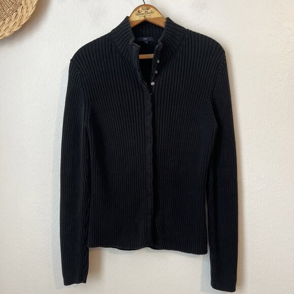 y2k GAP black ribbed‎ knit snap trim mock neck sweater heavy knit 90s 32" chest - Picture 1 of 6